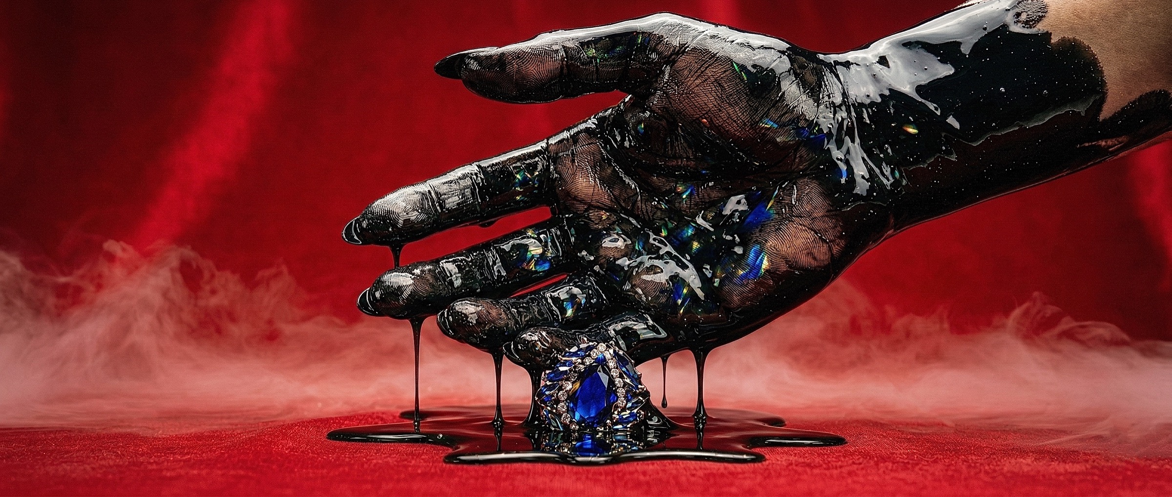 Black-painted hand holding a blue jewel against a red background
